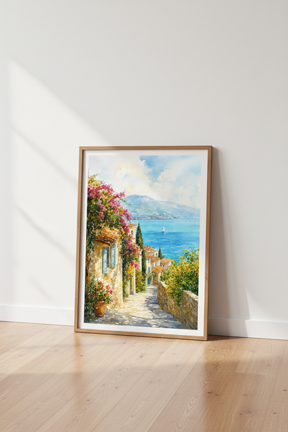 Mediterranean Village Watercolor Print | Coastal Landscape Art | Blue Sea Poster