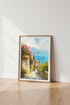 Mediterranean Village Watercolor Print | Coastal Landscape Art | Blue Sea Poster