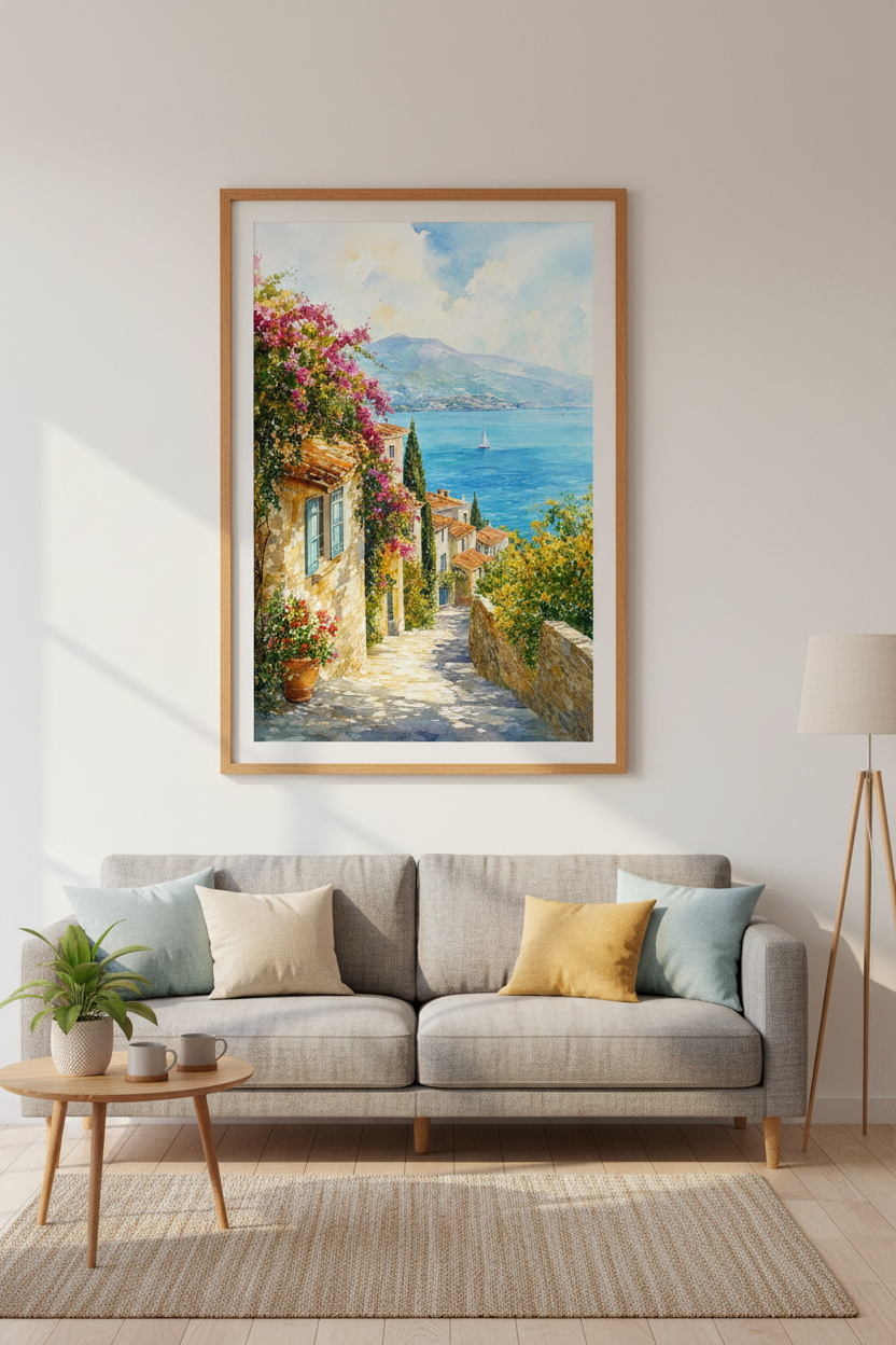 Mediterranean Village Watercolor Print | Coastal Landscape Art | Blue Sea Poster