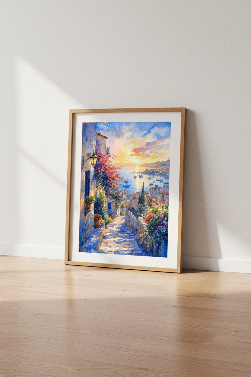 Mediterranean Coastal Sunset Wall Art | Watercolor Town Poster, Blue &amp; Gold Room Decor