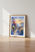 Mediterranean Coastal Sunset Wall Art | Watercolor Town Poster, Blue & Gold Room Decor