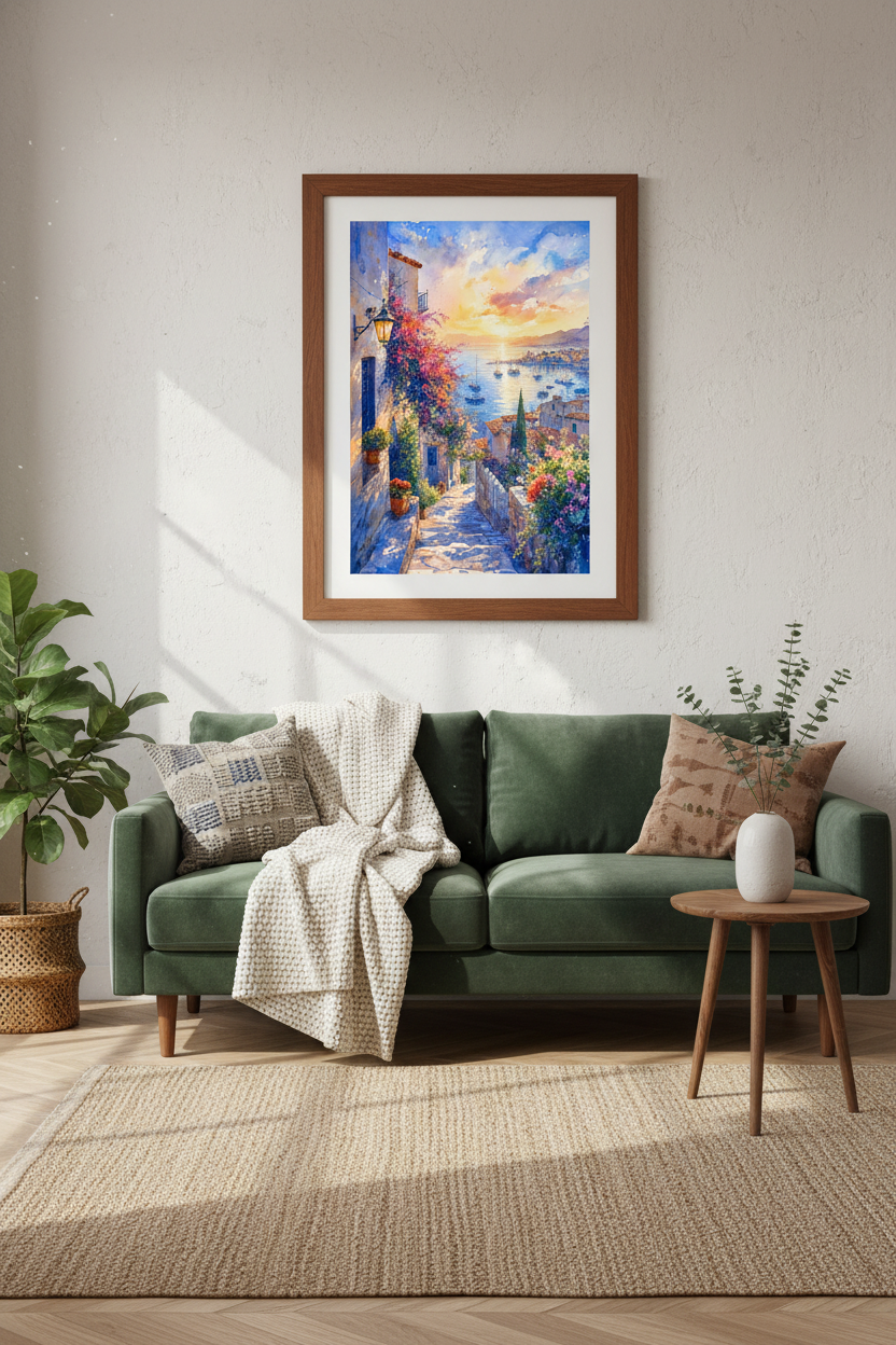 Mediterranean Coastal Sunset Wall Art | Watercolor Town Poster, Blue &amp; Gold Room Decor