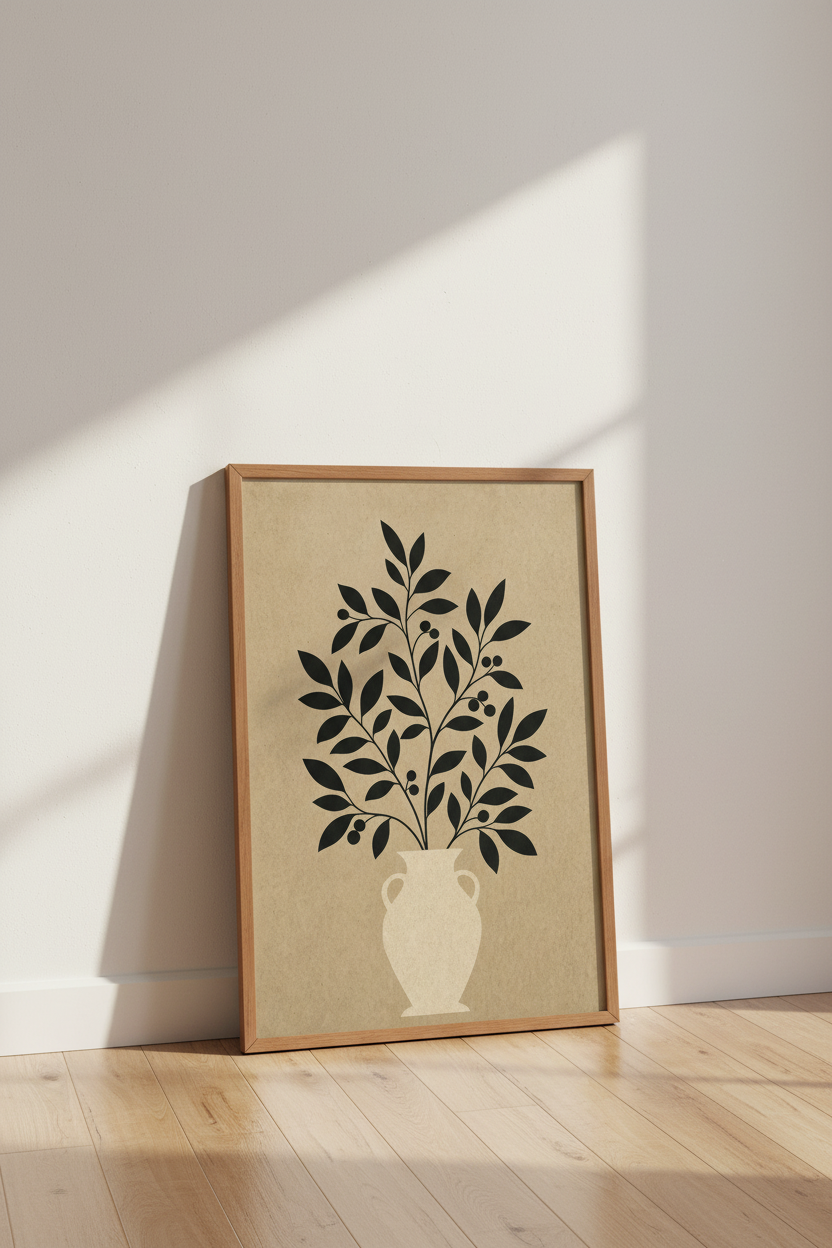 Minimalist Botanical Vase Art | Black Leaf Silhouette, Neutral Japandi Home Decor