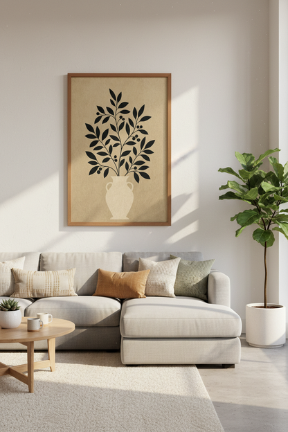 Minimalist Botanical Vase Art | Black Leaf Silhouette, Neutral Japandi Home Decor