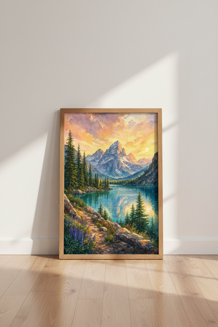 Mountain Landscape Watercolor Print | Sunset Lake Nature Decor | Serene Alpine Poster