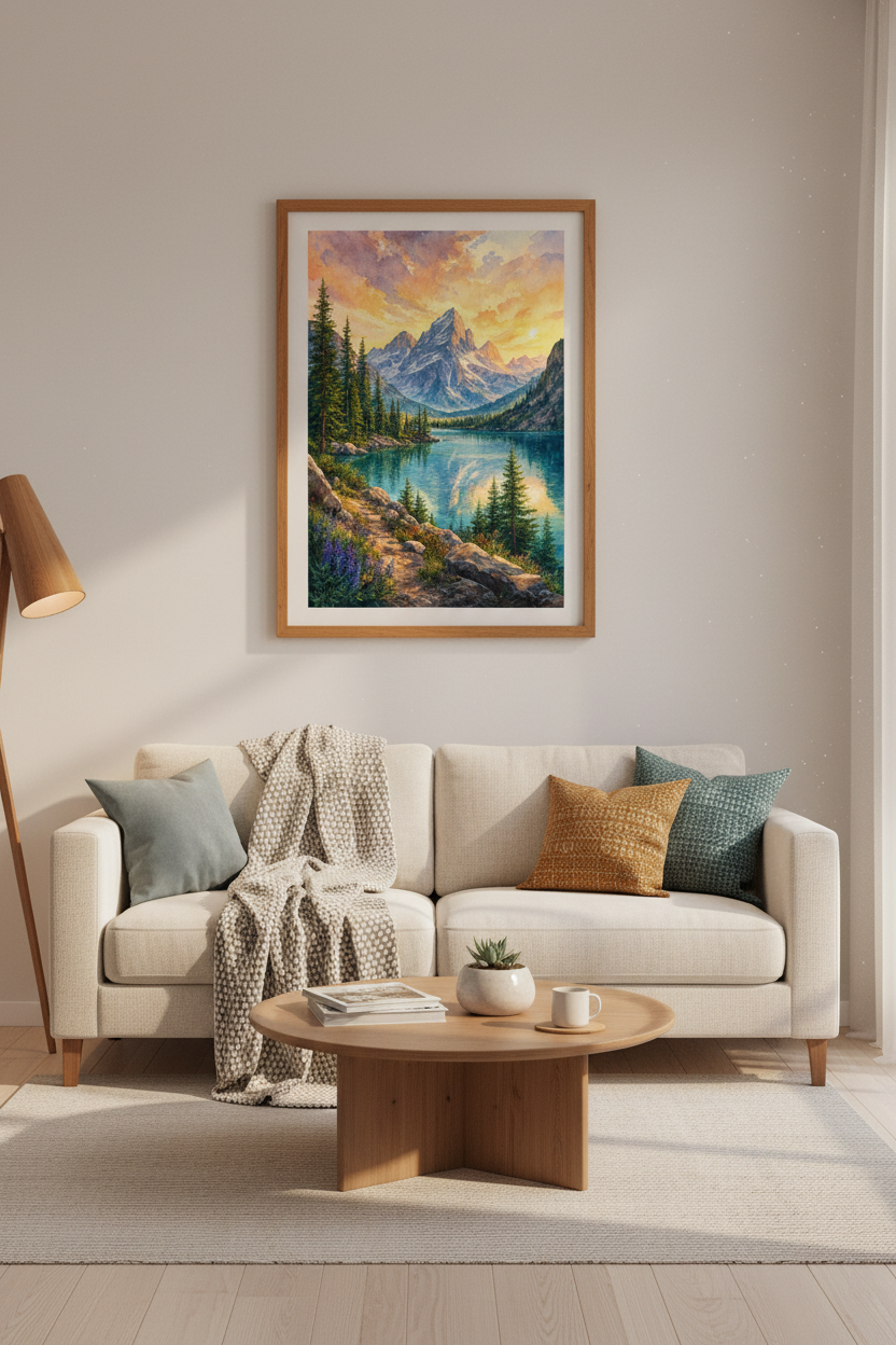Mountain Landscape Watercolor Print | Sunset Lake Nature Decor | Serene Alpine Poster