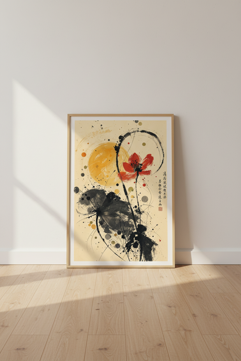 Japanese Sumi-e Floral Wall Art Print | Zen Red Flower Decor | Japandi Poster