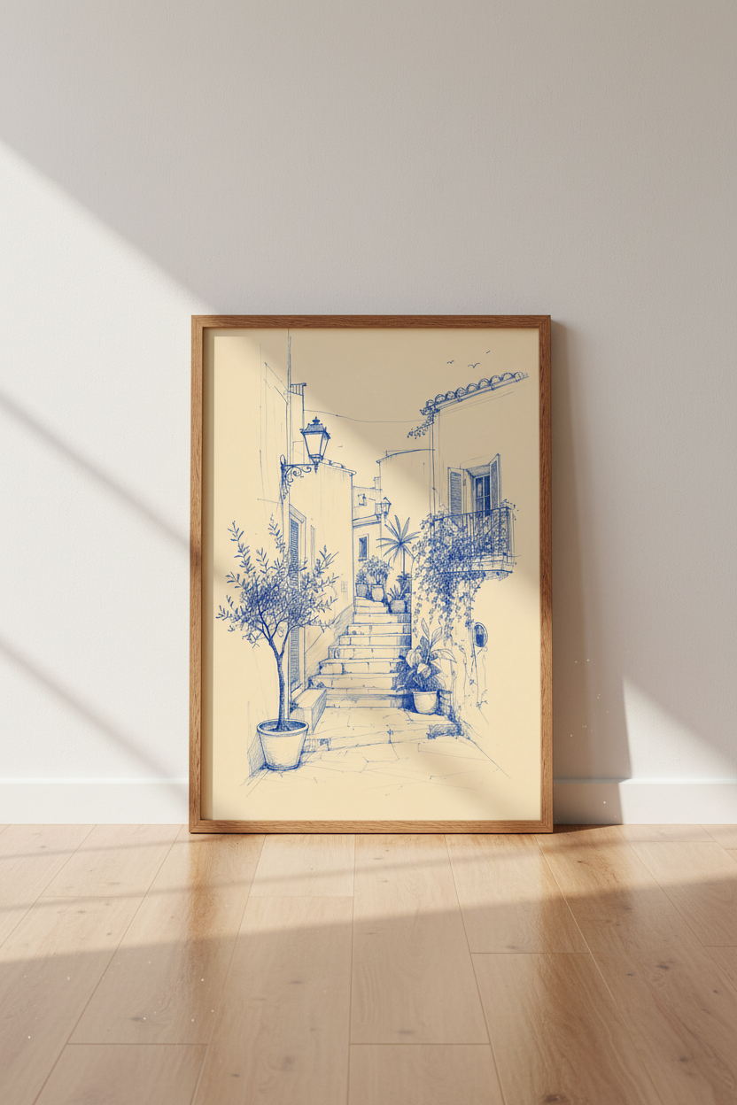Coastal Italian Village | Blue Ink Sketch, Mediterranean Alley Decor Wall Art