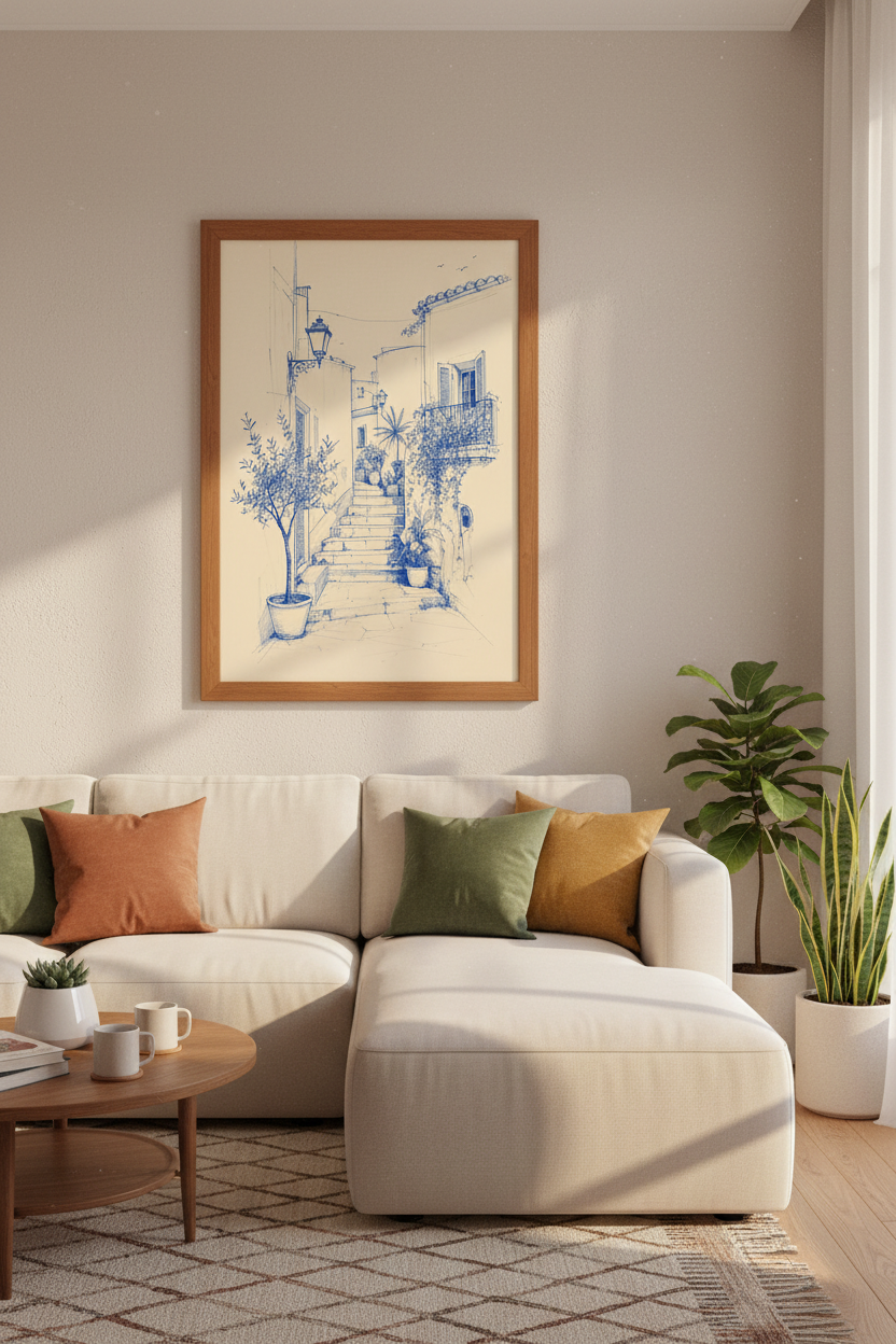 Coastal Italian Village | Blue Ink Sketch, Mediterranean Alley Decor Wall Art