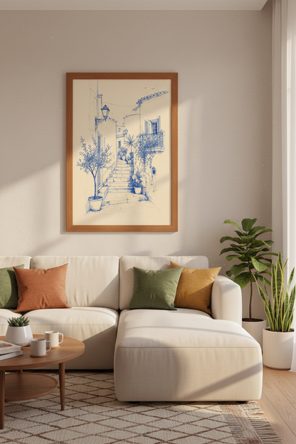 Coastal Italian Village | Blue Ink Sketch, Mediterranean Alley Decor Wall Art