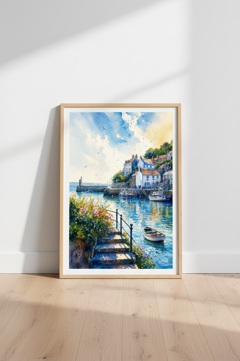 Coastal Village Harbor Watercolor | Blue Nautical Scene, Living Room Decor Art