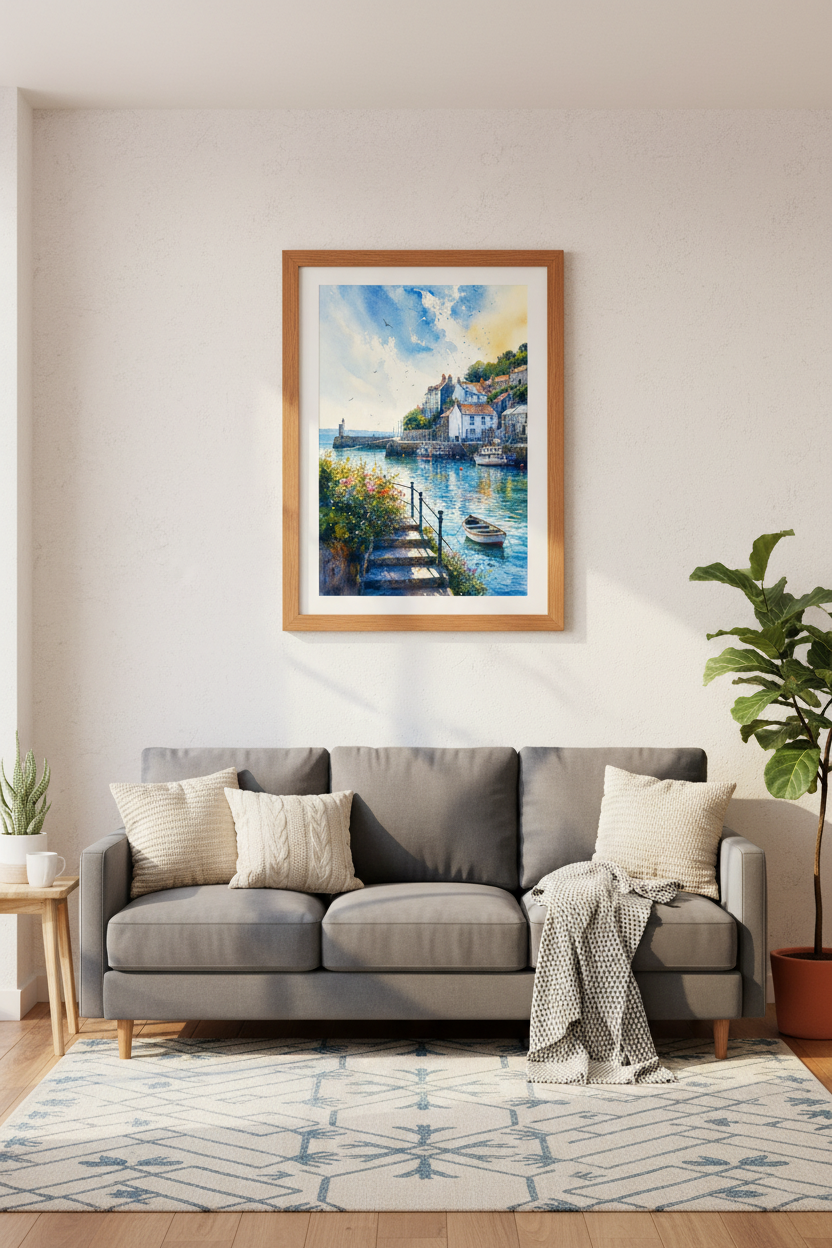 Coastal Village Harbor Watercolor | Blue Nautical Scene, Living Room Decor Art
