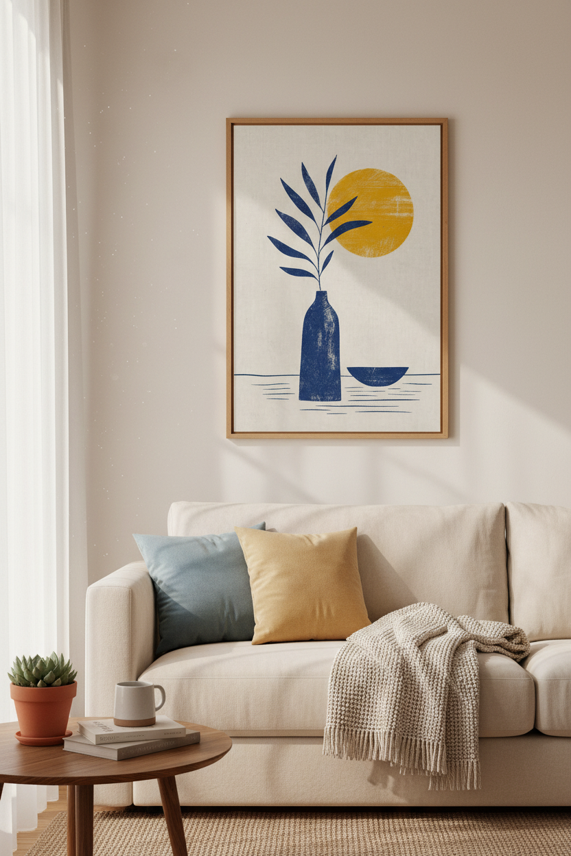 Abstract Botanical Still Life | Navy &amp; Gold Modern Poster, Living Room Decor
