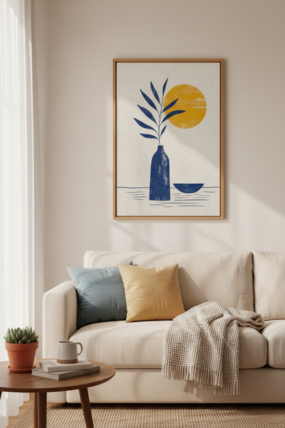 Abstract Botanical Still Life | Navy &amp; Gold Modern Poster, Living Room Decor