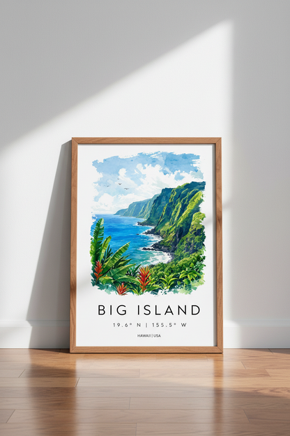 Big Island Hawaii Wall Art Print | Tropical Coastal Decor | Watercolor Travel Poster