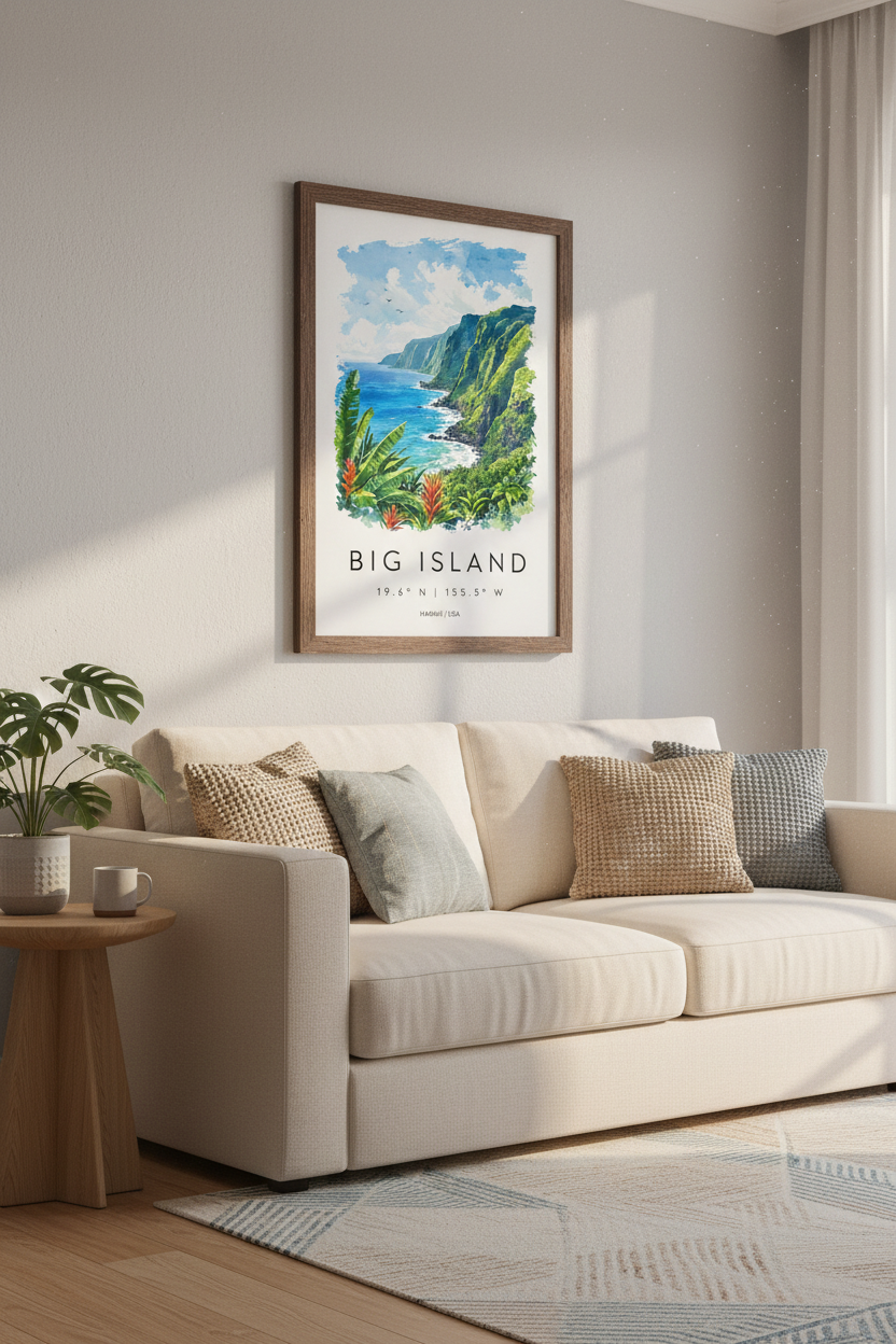 Big Island Hawaii Wall Art Print | Tropical Coastal Decor | Watercolor Travel Poster