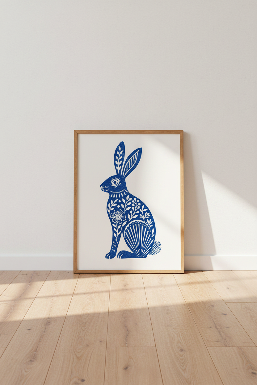 Folk Art Rabbit Wall Art | Blue Hare Linocut Poster, Nursery &amp; Living Room Decor