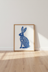 Folk Art Rabbit Wall Art | Blue Hare Linocut Poster, Nursery & Living Room Decor