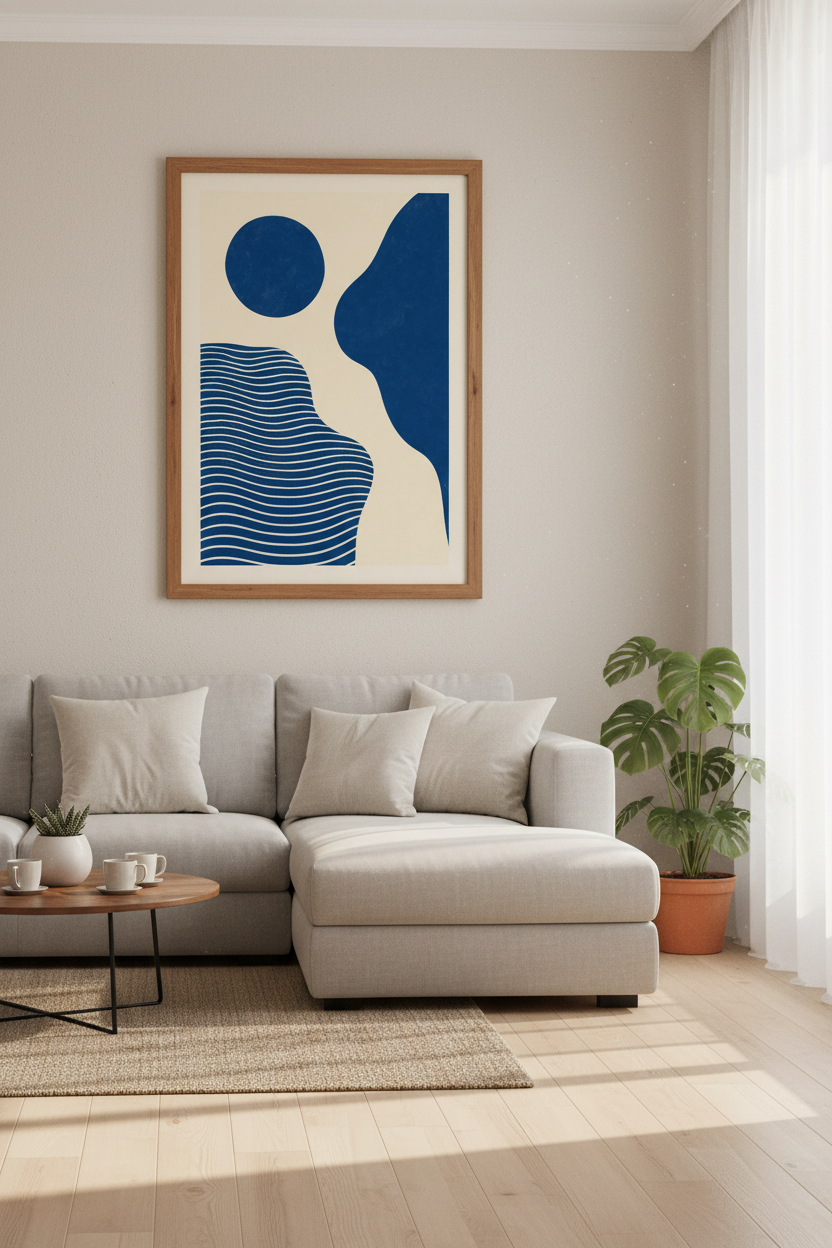 Abstract Shapes Wall Art | Cobalt Blue &amp; Cream Modern Poster, Minimalist Living Room Decor