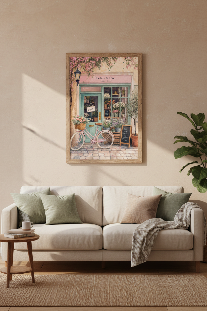 Flower Shop Wall Art | Pink Bicycle Floral Poster, Pastel French Country Decor