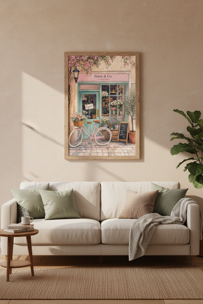Flower Shop Wall Art | Pink Bicycle Floral Poster, Pastel French Country Decor