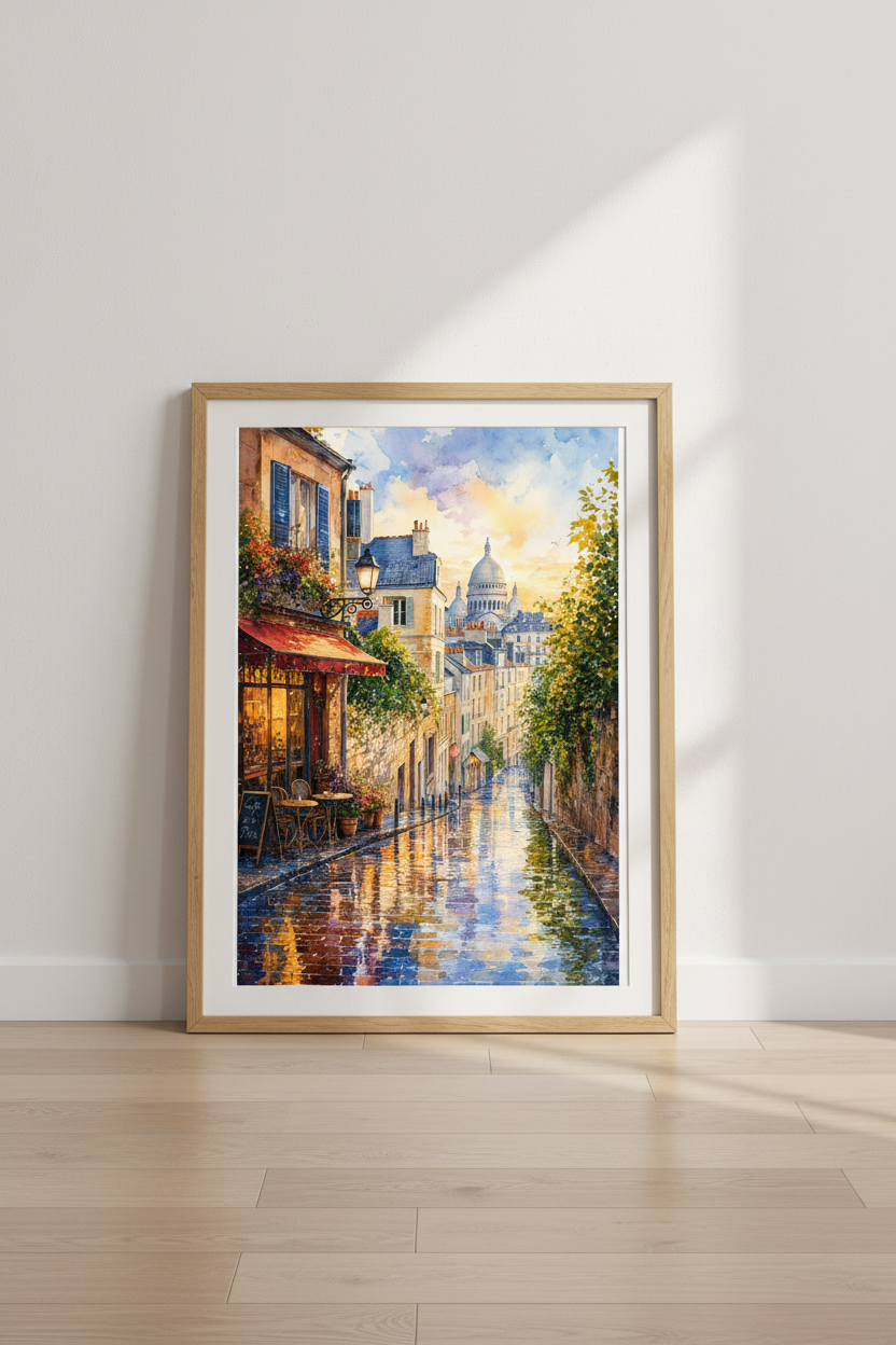 Paris Street Watercolor | Sacre Coeur Sunset View, French Cafe Wall Art Decor