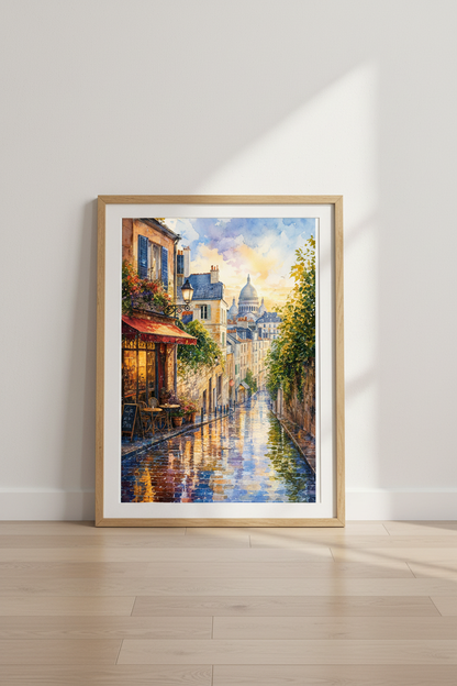 Paris Street Watercolor | Sacre Coeur Sunset View, French Cafe Wall Art Decor