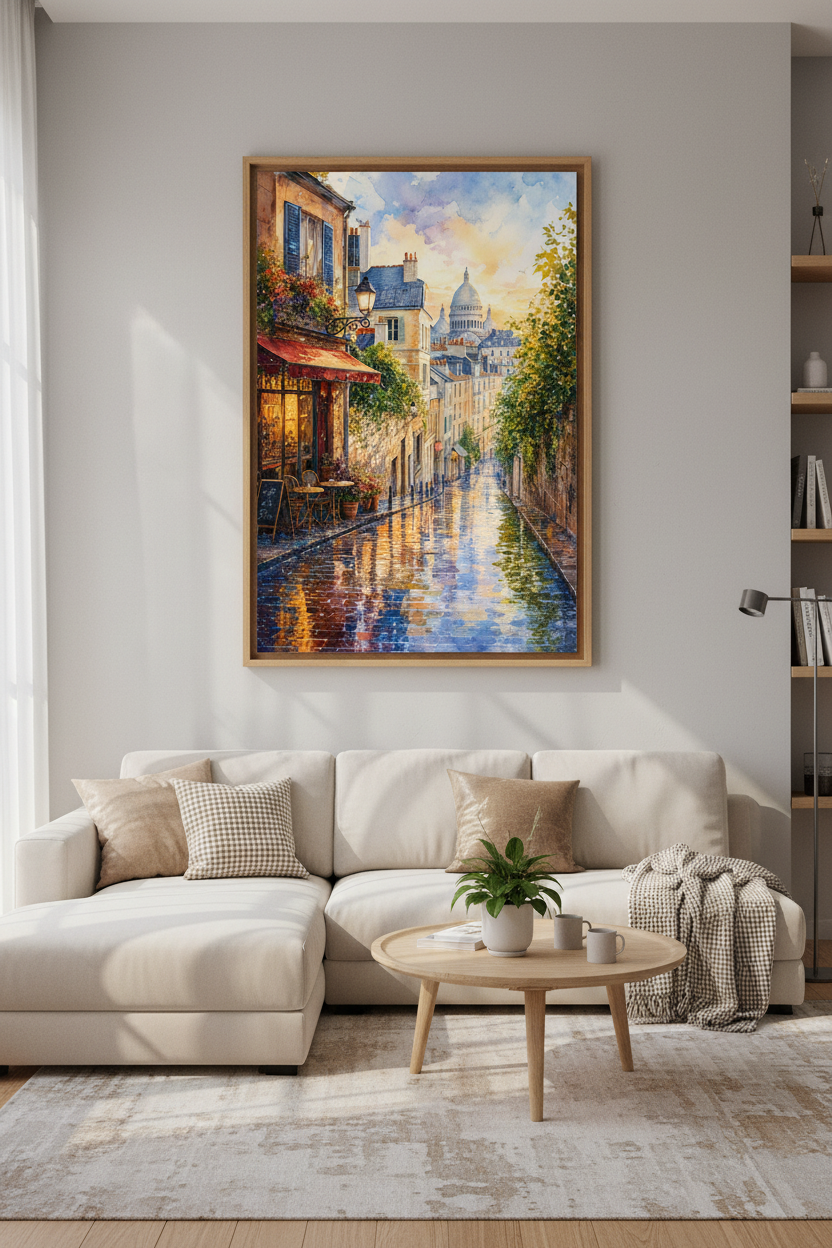 Paris Street Watercolor | Sacre Coeur Sunset View, French Cafe Wall Art Decor