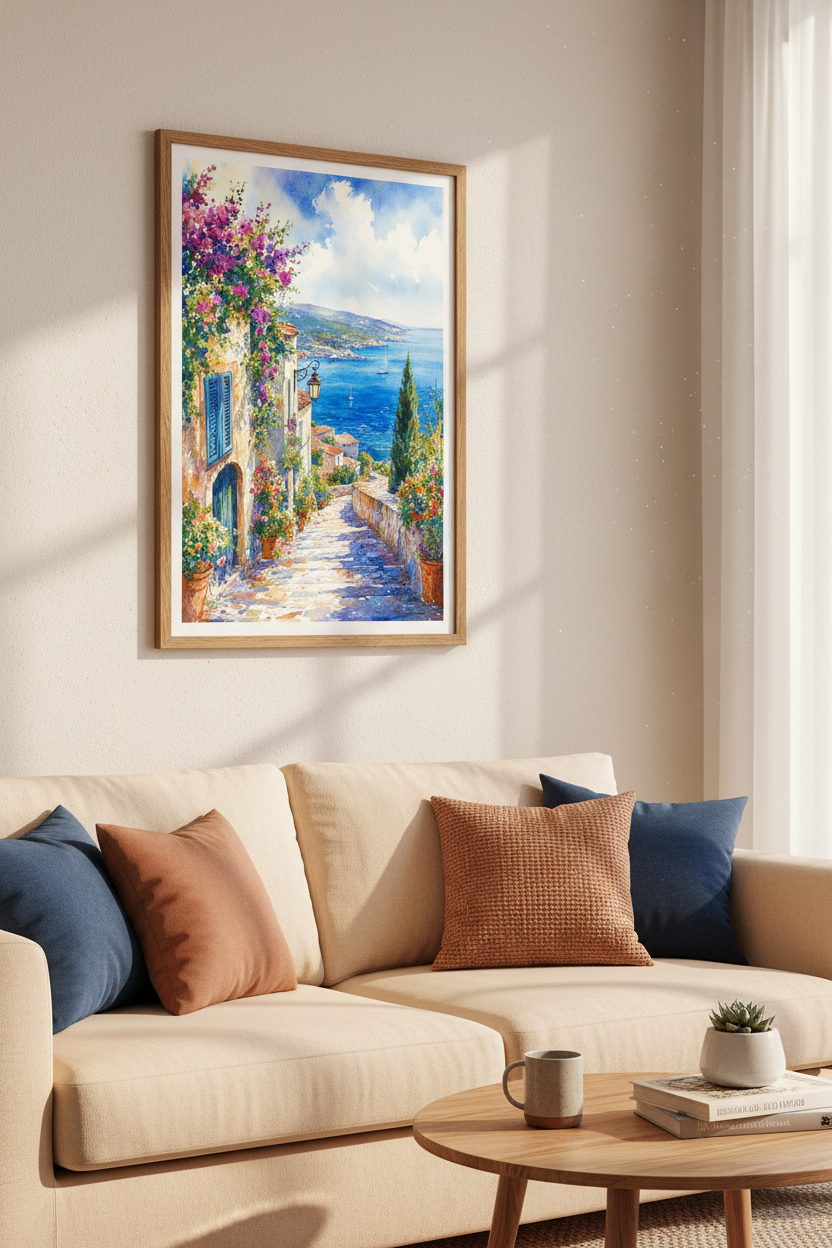 Mediterranean Coastal Village Watercolor | Blue Sea Poster, Italian Summer Decor