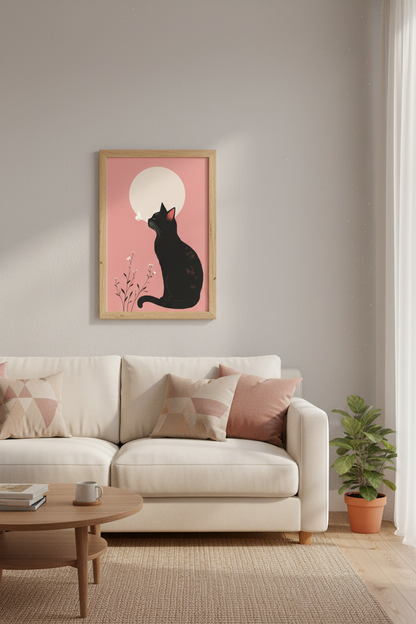 Black Cat Moon Wall Art | Pink Minimalist Poster, Whimsical Nursery Decor