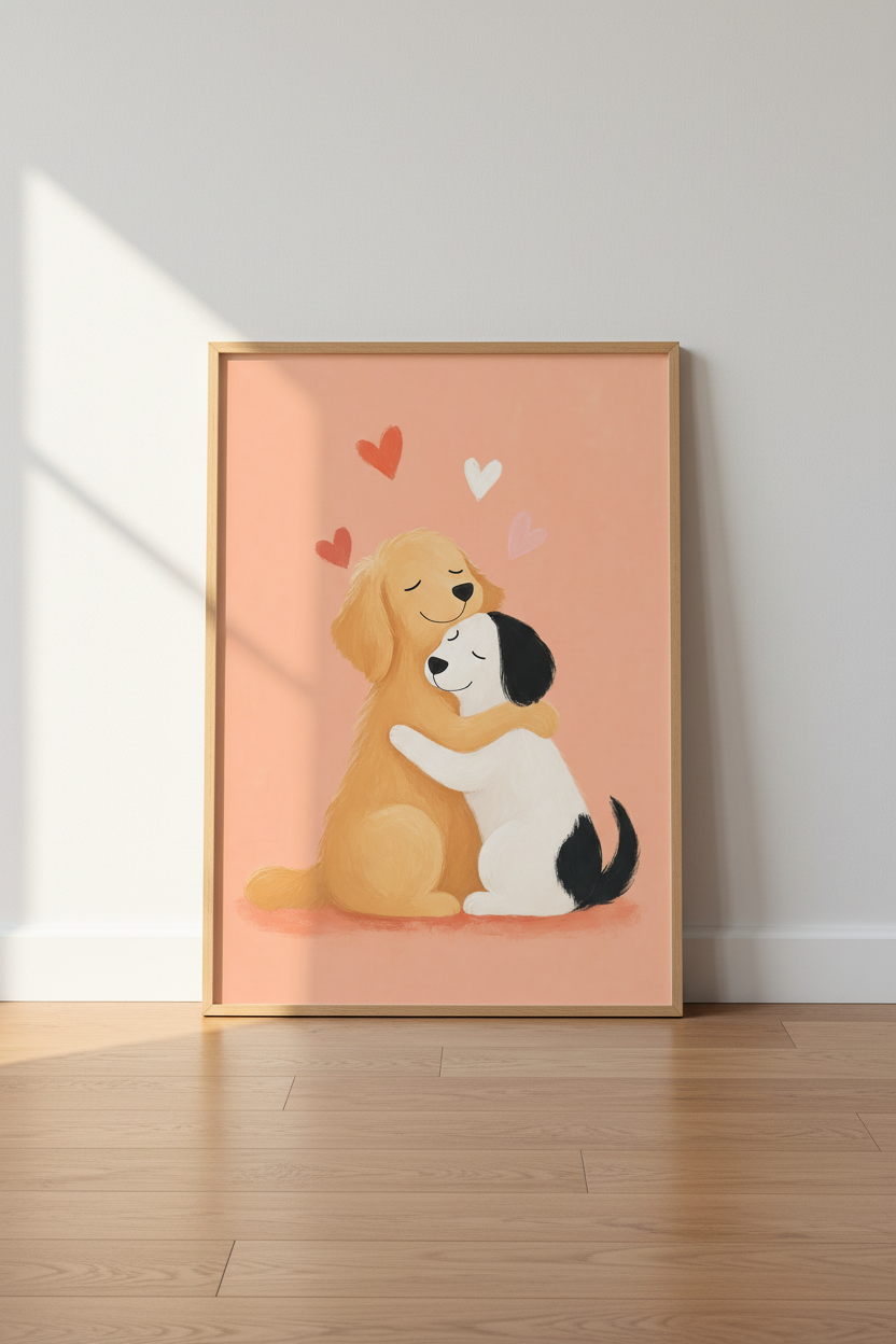 Hugging Dogs Wall Art | Golden Retriever Illustration | Nursery Decor &amp; Digital Poster