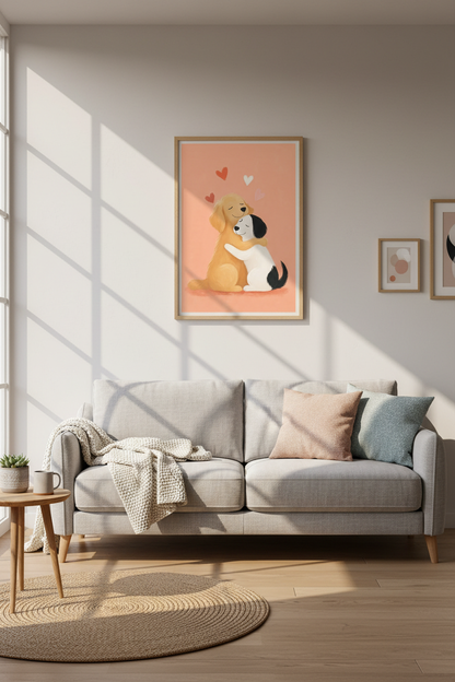 Hugging Dogs Wall Art | Golden Retriever Illustration | Nursery Decor &amp; Digital Poster