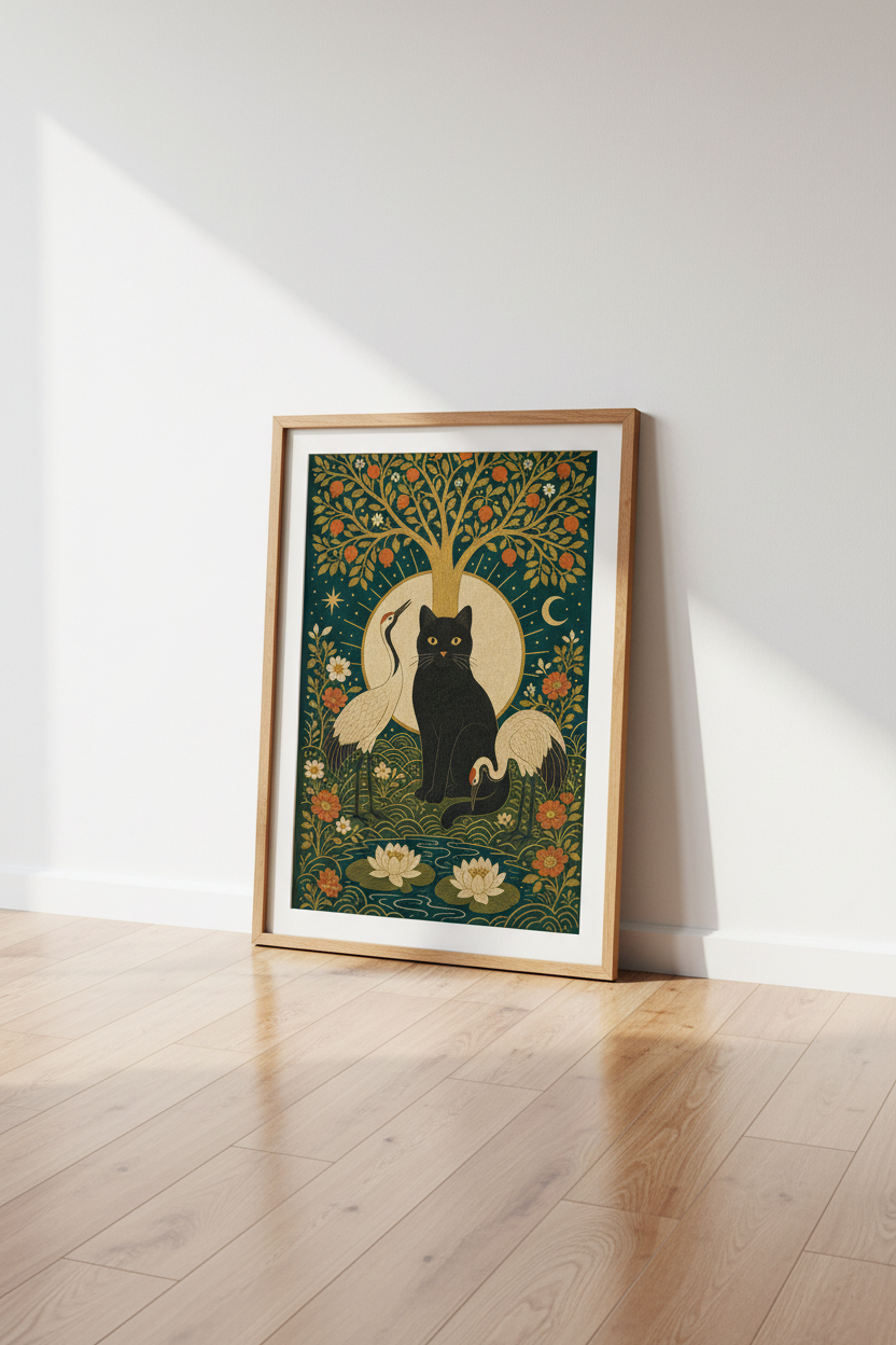 Black Cat &amp; Crane Folk Art Print | Forest Green Garden Decor | Mystical Nature Poster