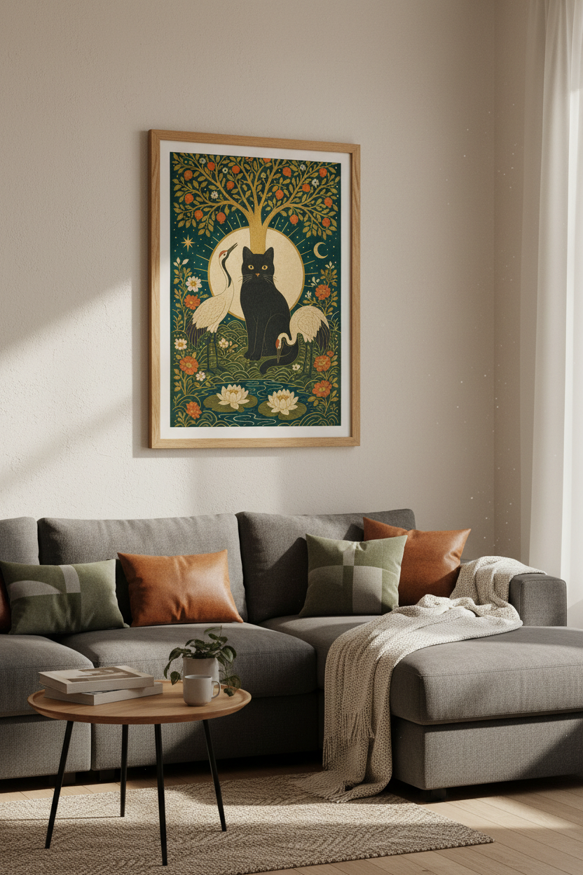 Black Cat &amp; Crane Folk Art Print | Forest Green Garden Decor | Mystical Nature Poster