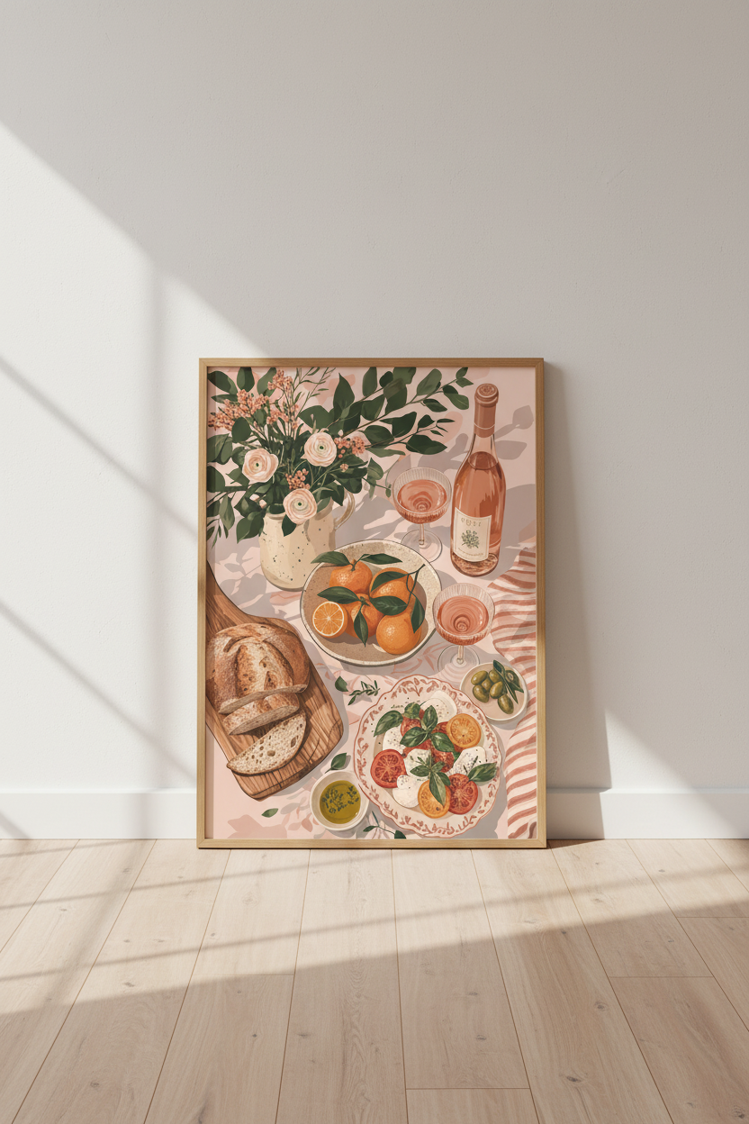 Mediterranean Picnic Wall Art | Rose Wine Kitchen Decor | Aesthetic Food Poster