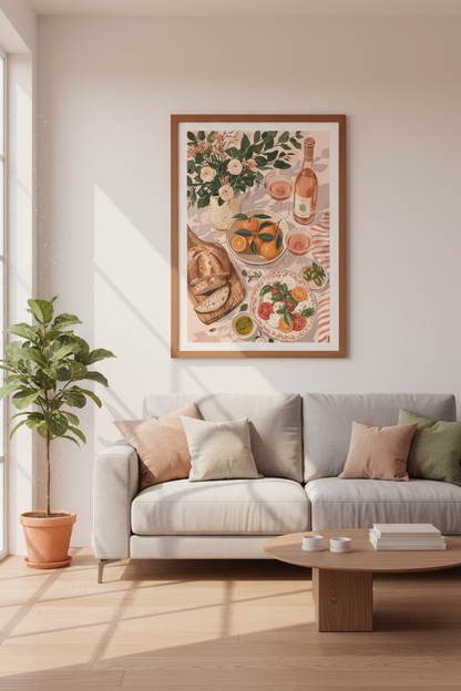 Mediterranean Picnic Wall Art | Rose Wine Kitchen Decor | Aesthetic Food Poster