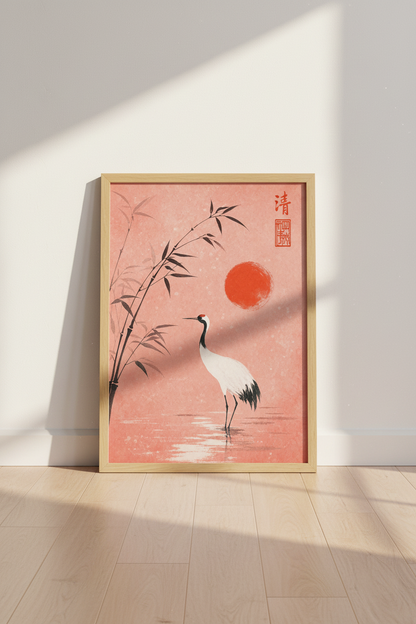 Japanese Crane Wall Art | Terracotta Bird Print, Zen Minimalist Living Room Decor