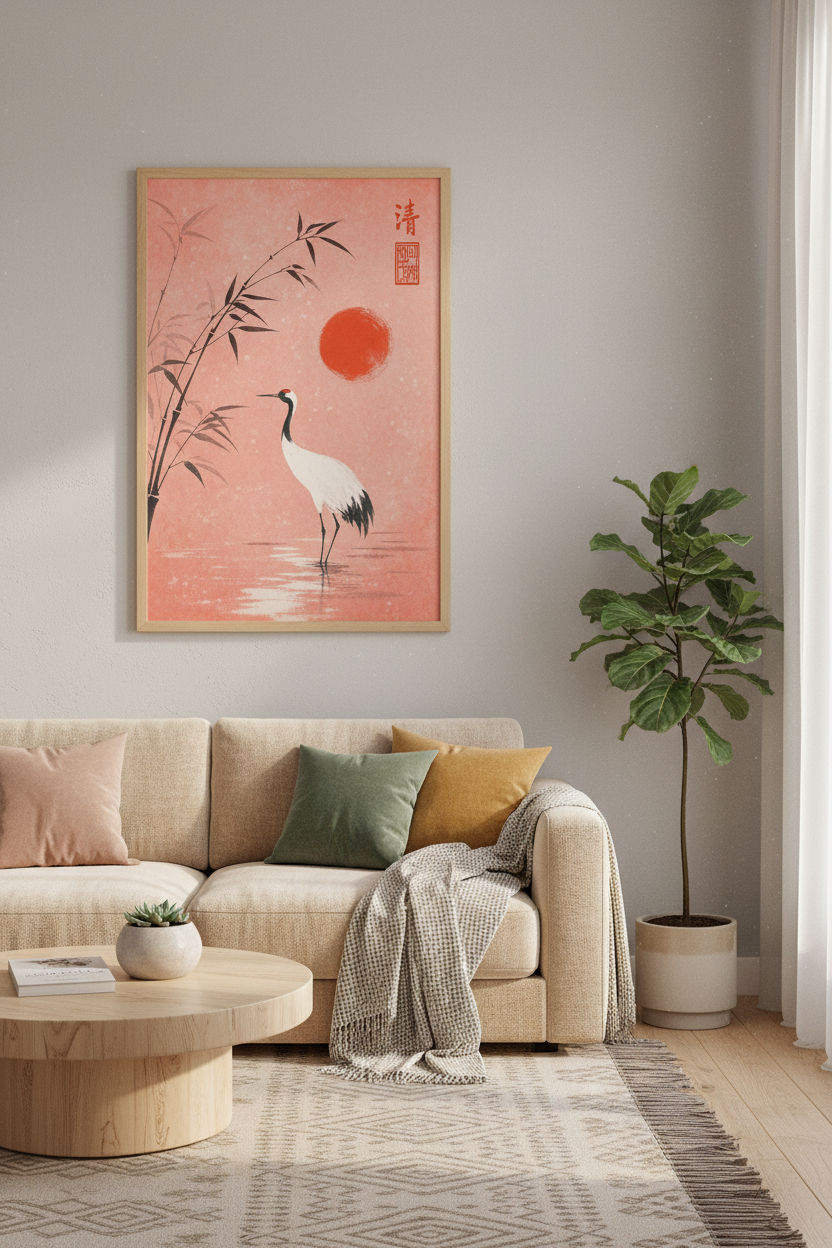 Japanese Crane Wall Art | Terracotta Bird Print, Zen Minimalist Living Room Decor
