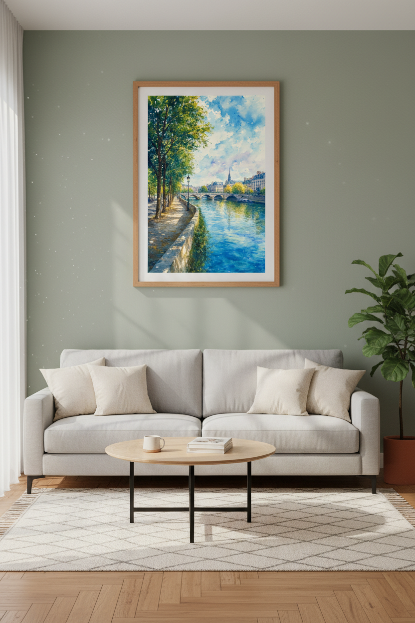 Paris Seine Watercolor Wall Art | French Cityscape Poster, Living Room Decor