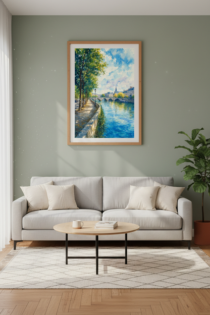 Paris Seine Watercolor Wall Art | French Cityscape Poster, Living Room Decor