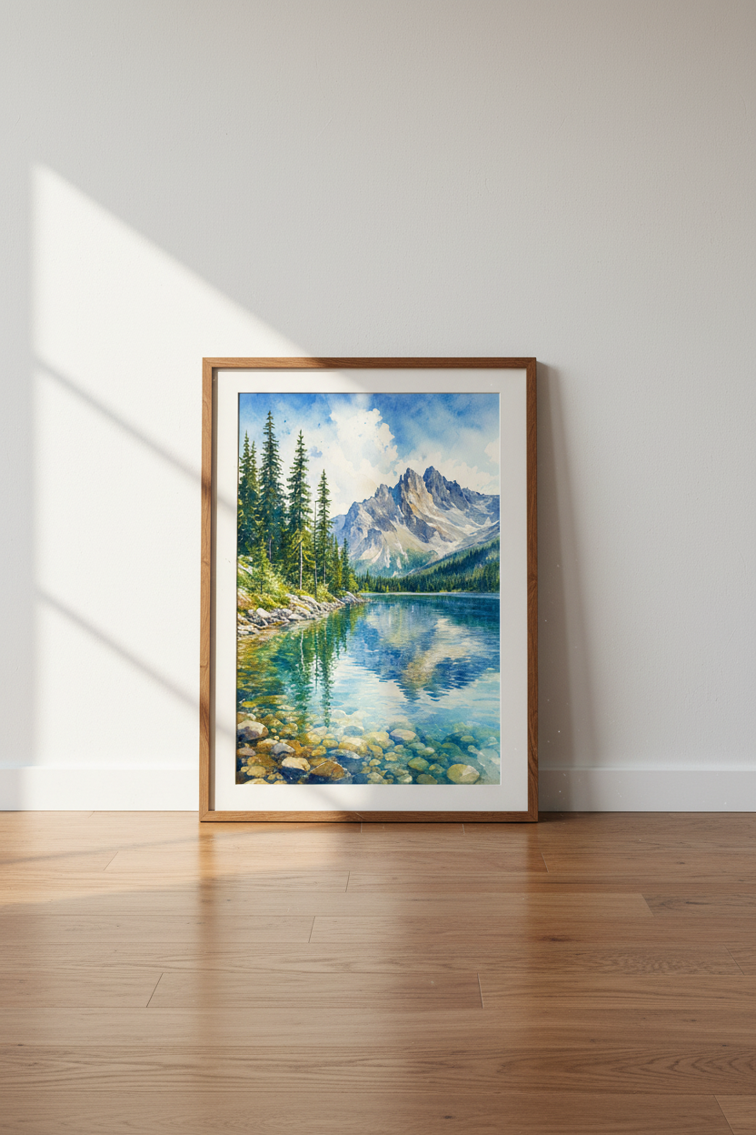 Mountain Lake Watercolor Art | Pine Forest Landscape, Blue Nature Decor