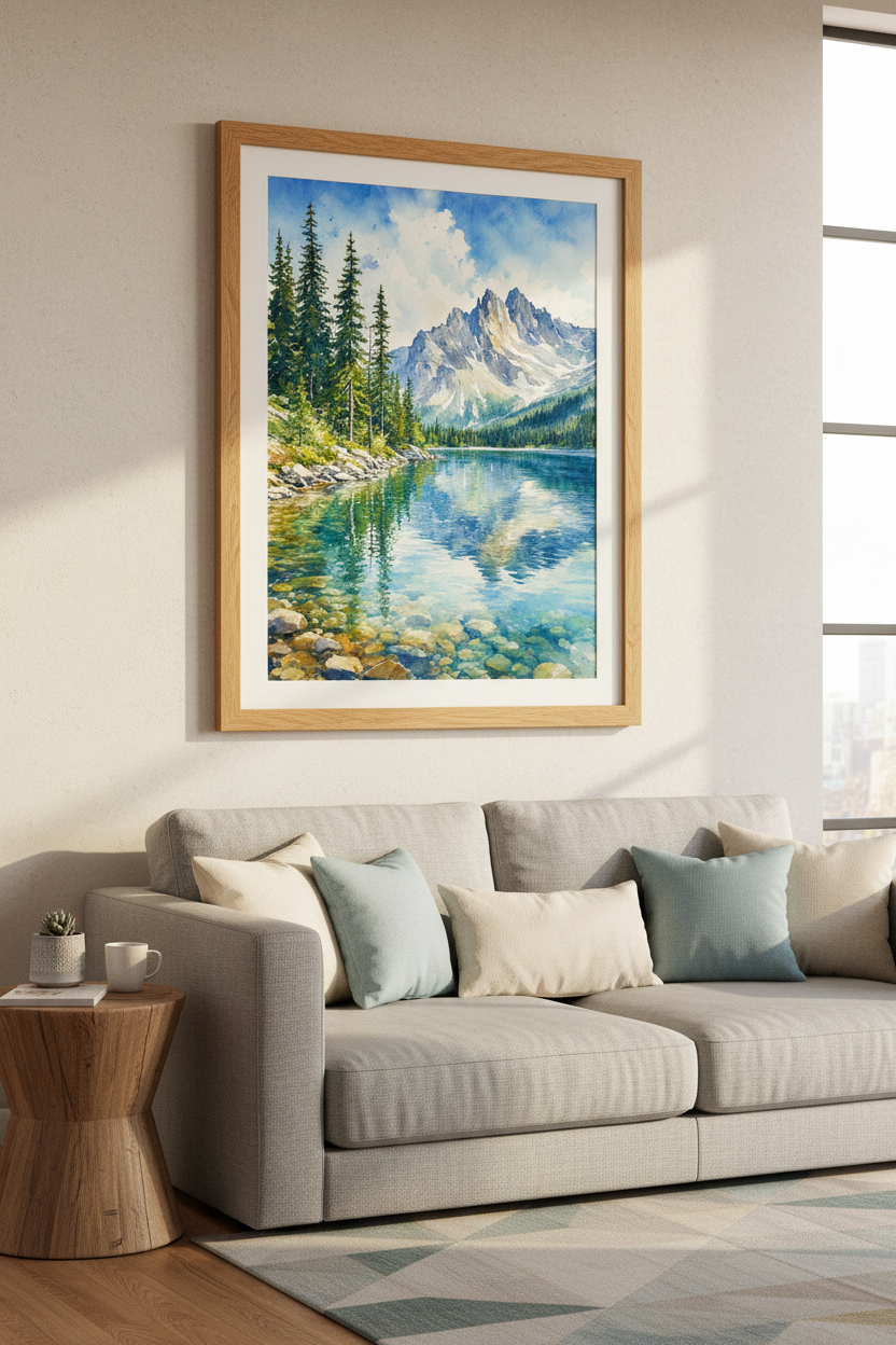 Mountain Lake Watercolor Art | Pine Forest Landscape, Blue Nature Decor
