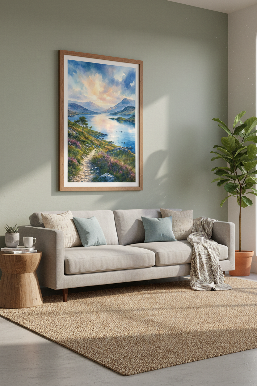 Watercolor Mountain Lake Landscape | Highland Sunset Scene, Living Room Decor