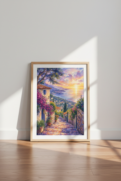 Mediterranean Coastal Sunset Wall Art | Watercolor Italy Decor | Dreamy Travel Poster