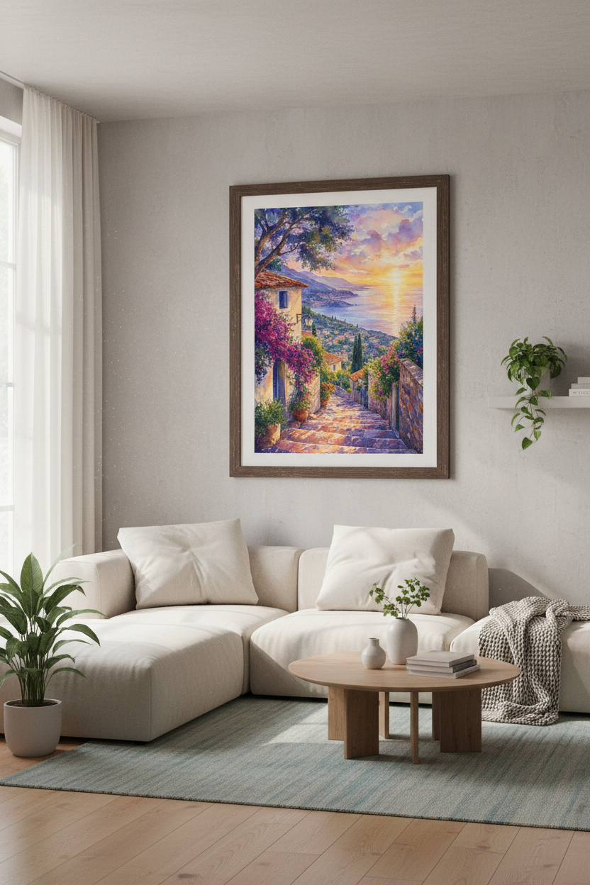 Mediterranean Coastal Sunset Wall Art | Watercolor Italy Decor | Dreamy Travel Poster