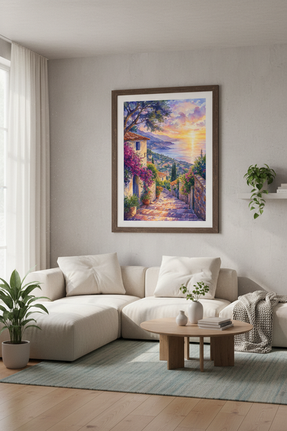 Mediterranean Coastal Sunset Wall Art | Watercolor Italy Decor | Dreamy Travel Poster