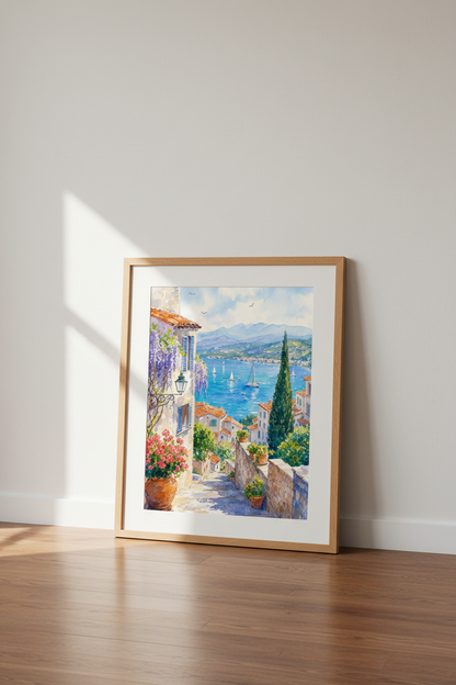 Mediterranean Coastal Watercolor Wall Art | Blue Sea Landscape, Italian Travel Poster