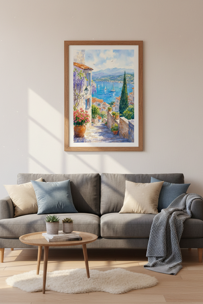 Mediterranean Coastal Watercolor Wall Art | Blue Sea Landscape, Italian Travel Poster