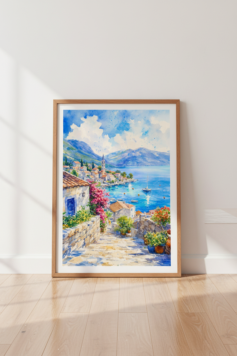 Mediterranean Coastal Village Watercolor | Blue Sea Landscape, Living Room Wall Art