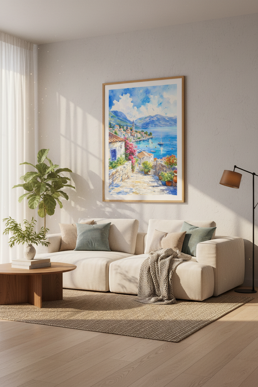 Mediterranean Coastal Village Watercolor | Blue Sea Landscape, Living Room Wall Art